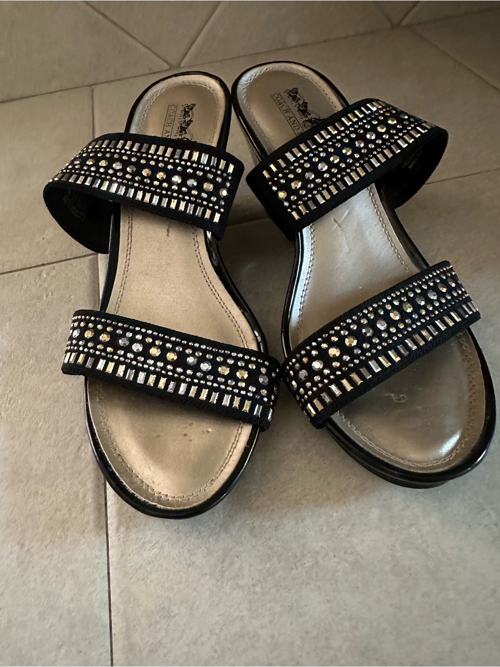 COACH AND FOUR Embellished Black Slide Sandals with Gem Detail (7M)